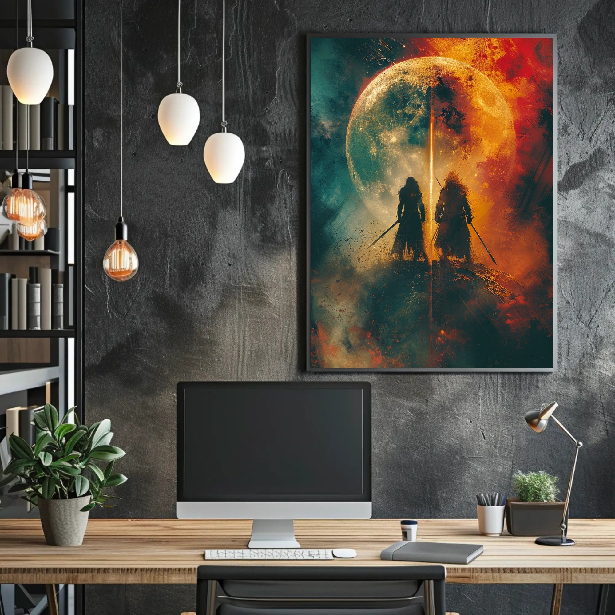 Celestial Warriors Under Twin Moons Fantasy or Mythology Poster PosterGoat