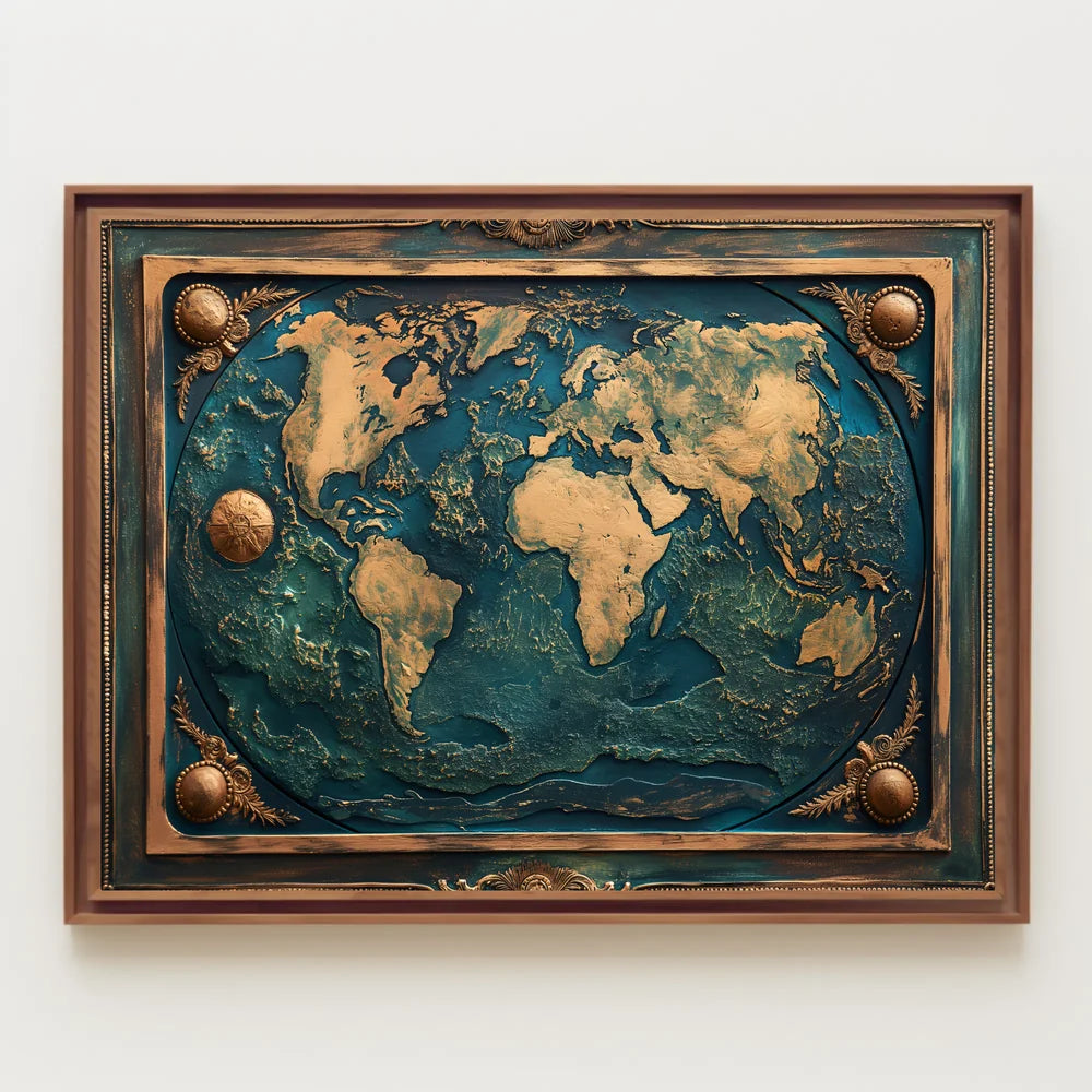 Vintage World Map Poster with Gold Accents