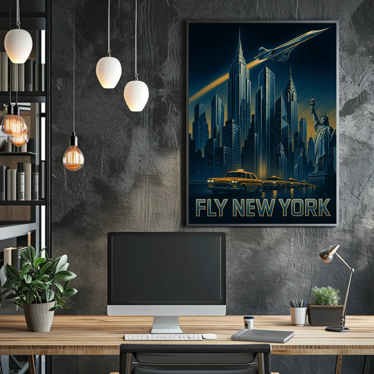 FLY NEW YORK: Nighttime Urban Cityscape Travel Poster