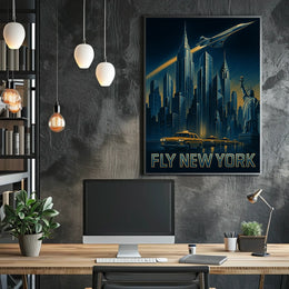 FLY NEW YORK: Nighttime Urban Cityscape Travel Poster