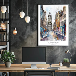 Vibrant Watercolor Street Scene in Edinburgh Urban or Cityscape Poster PosterGoat