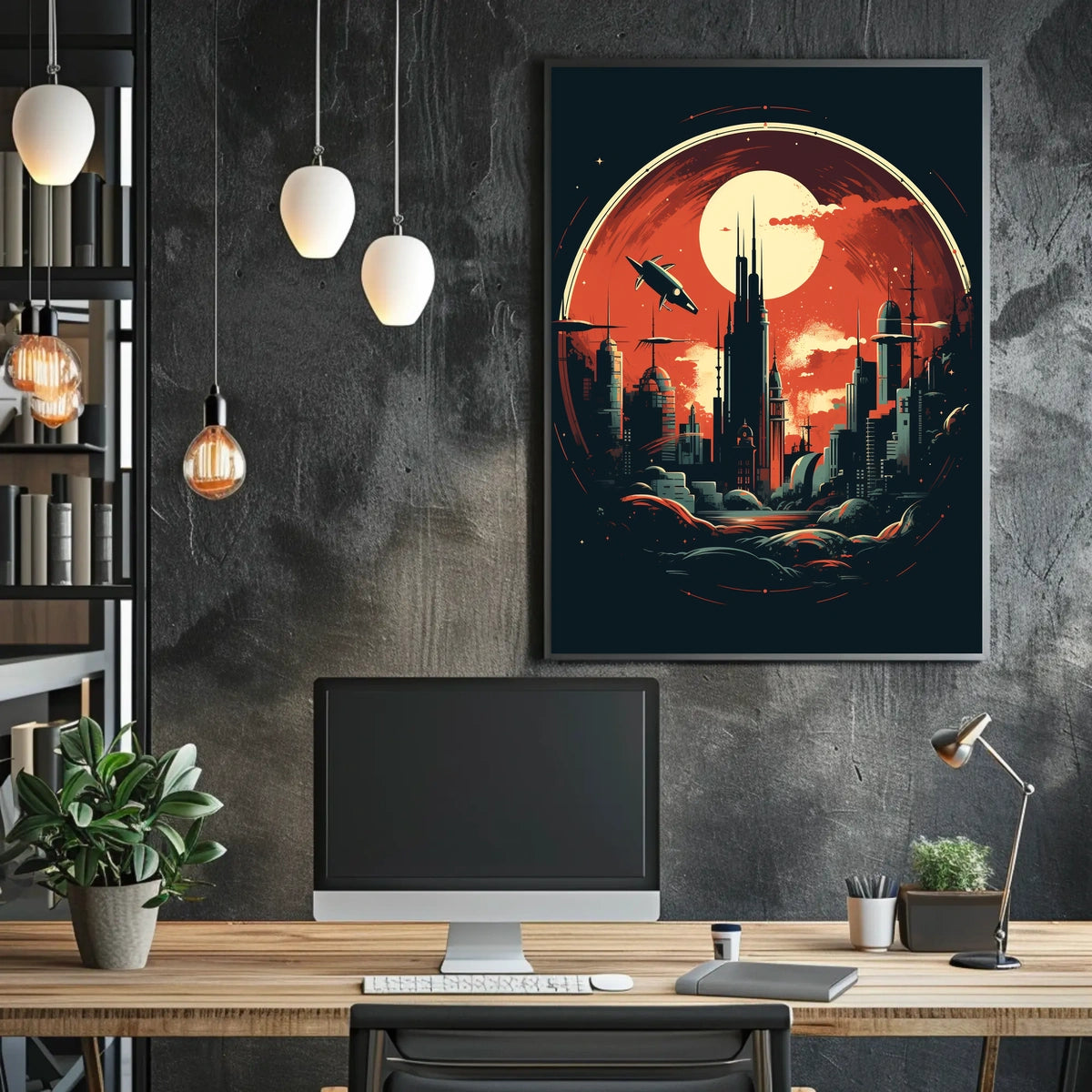 Futuristic Cityscape Under a Crimson Sky Poster