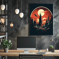 Futuristic Cityscape Under a Crimson Sky Poster
