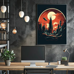 Futuristic Cityscape Under a Crimson Sky Poster