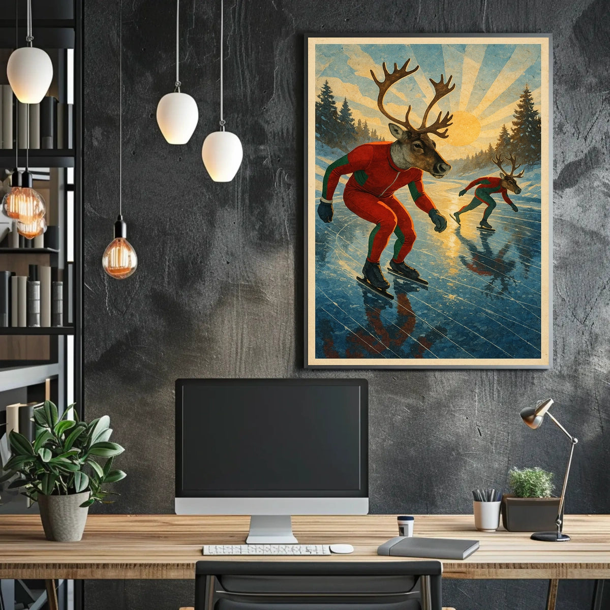 Whimsical Reindeer Skating Vintage Style Fantasy or Mythology Poster
