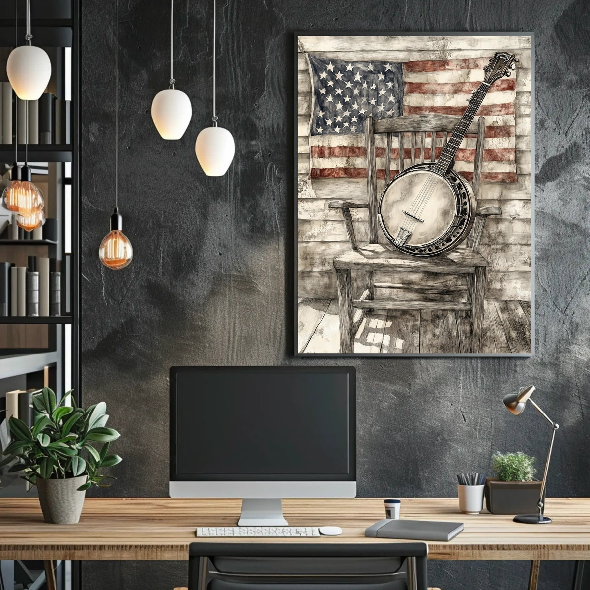 Vintage Banjo On Rustic Chair With American Flag Poster