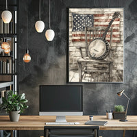 Vintage Banjo On Rustic Chair With American Flag Poster