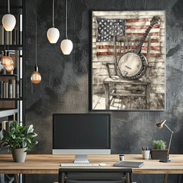 Vintage Banjo On Rustic Chair With American Flag Poster