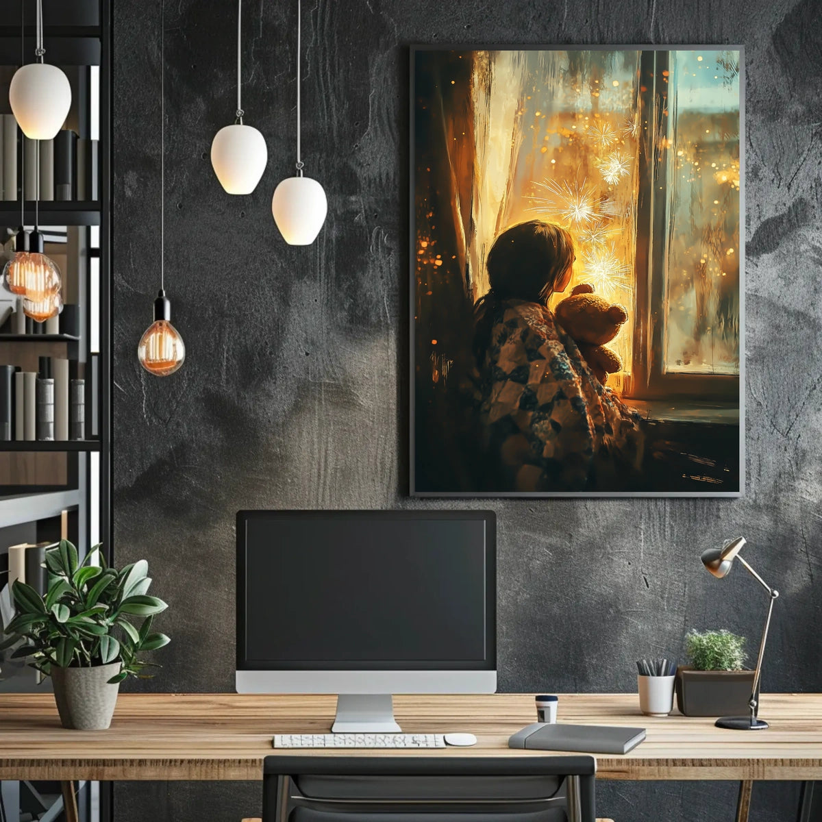 Little Girl Watching Fireworks With Teddy Bear Poster