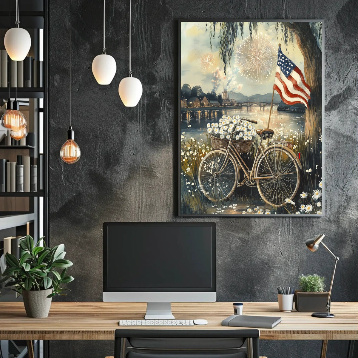 Bicycle With Daisy Basket By Riverside Under Willow Poster