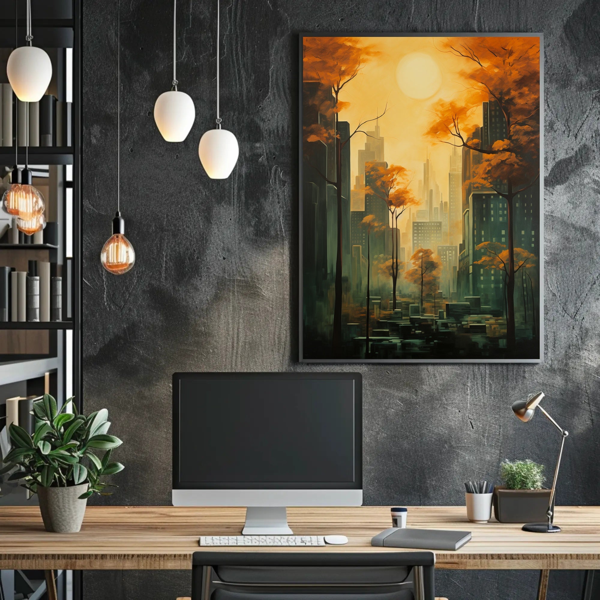 Urban Autumn Cityscape with Skyscrapers and Nature Poster