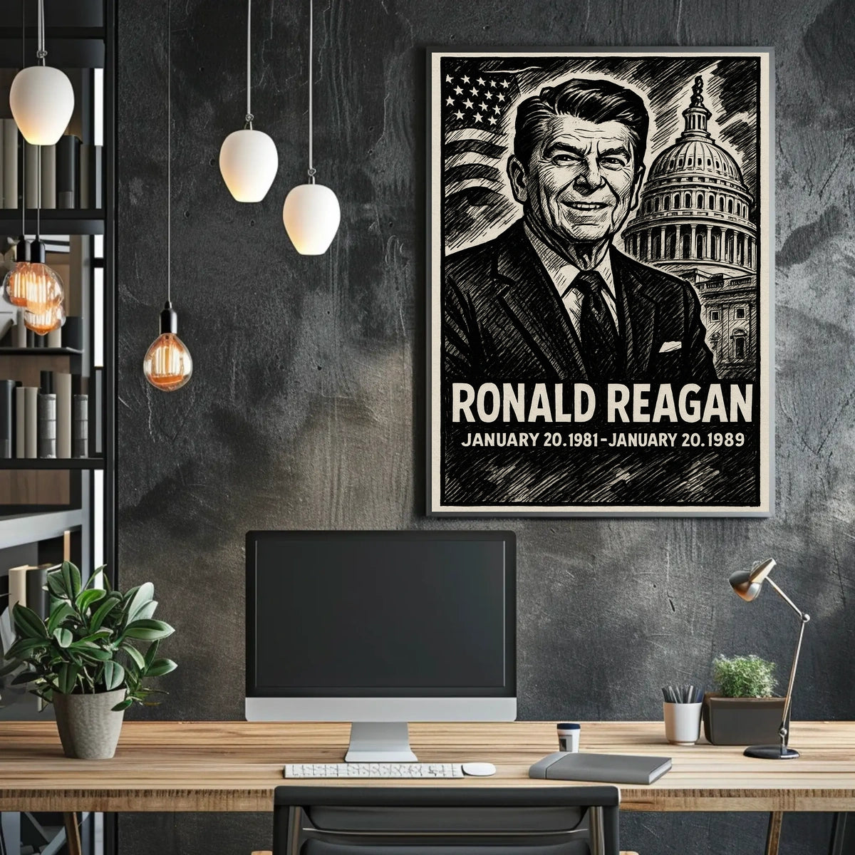 Ronald Reagan 40th President of the United States B & W Comic Sketch Poster