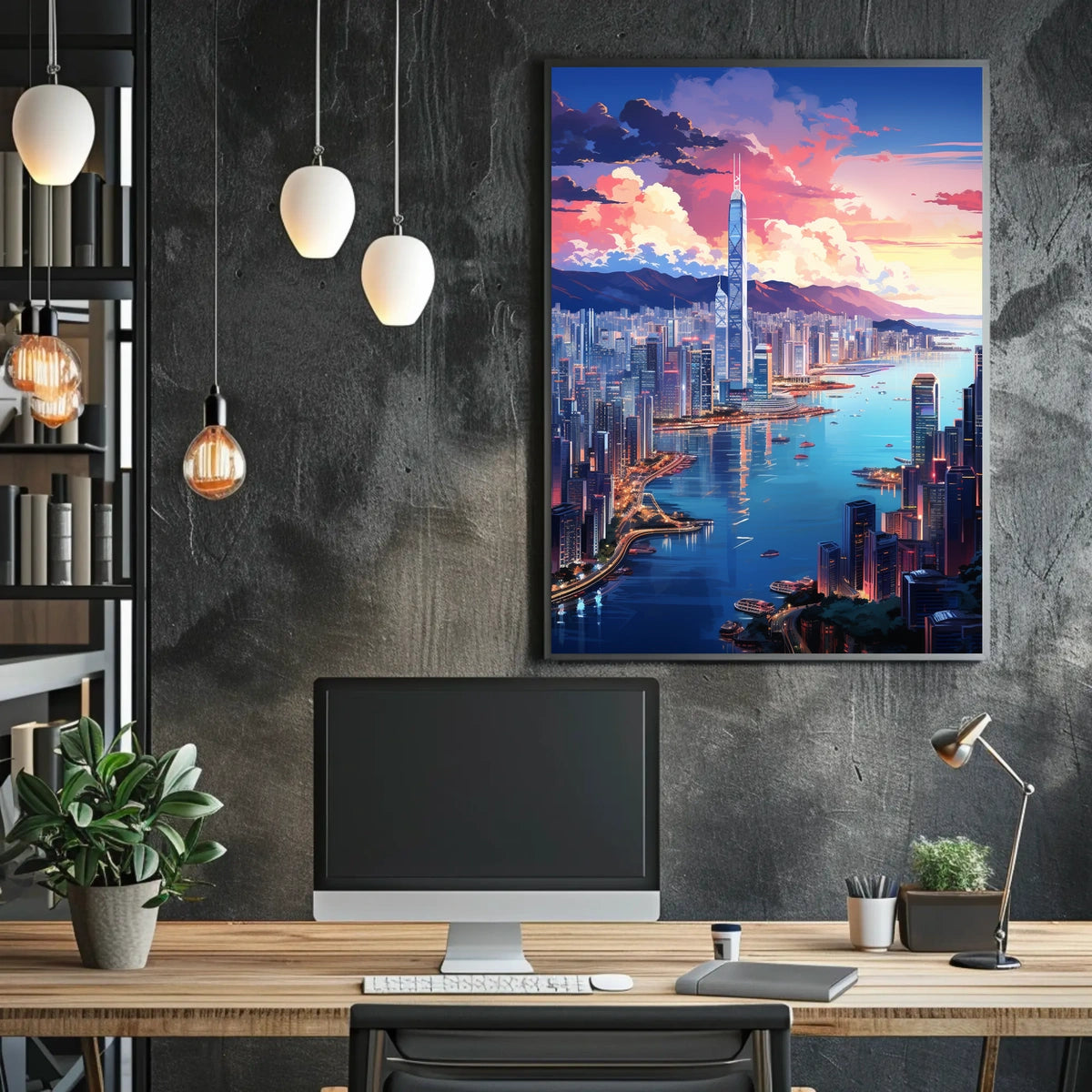 Vibrant Hong Kong Cityscape at Waterfront Urban or Cityscape Poster