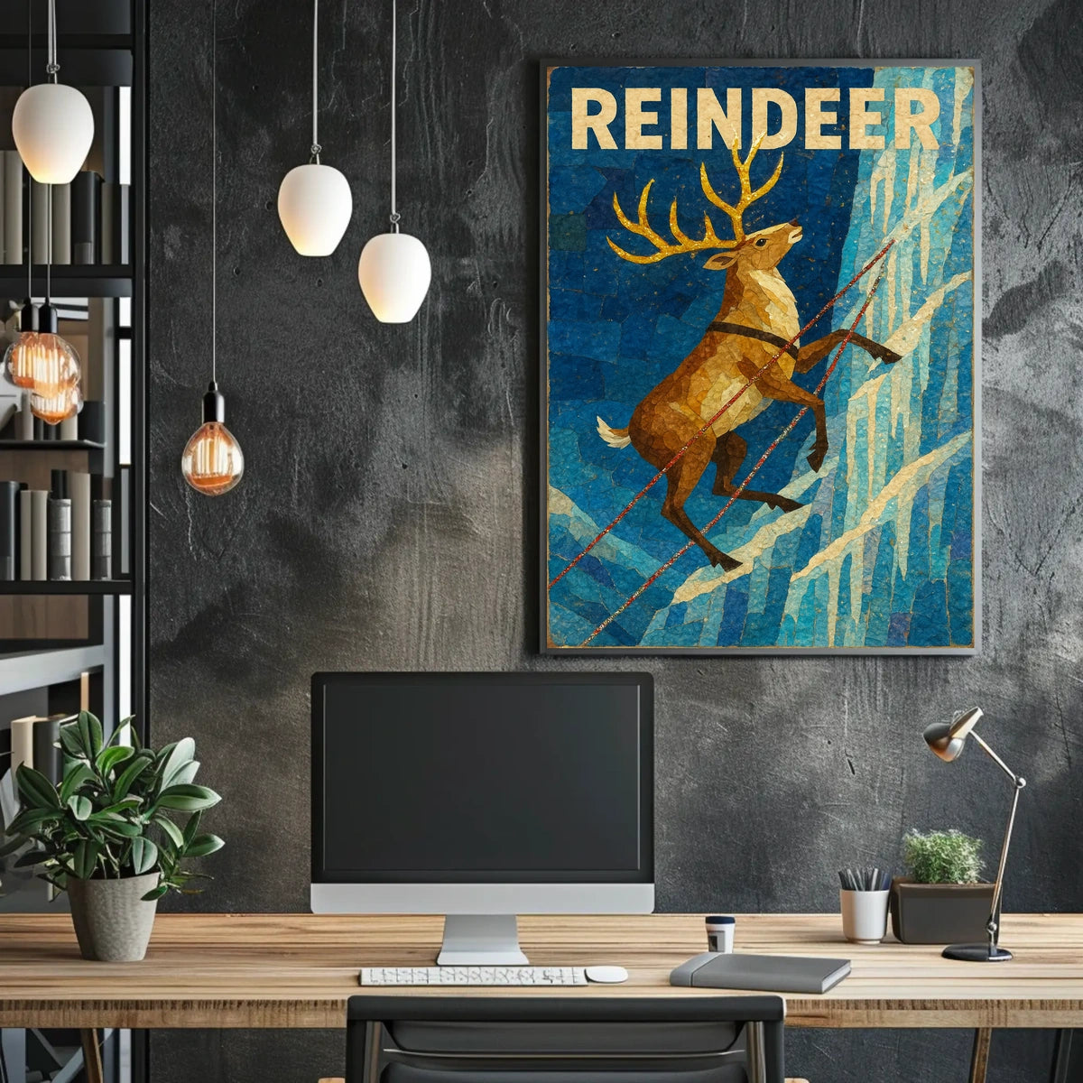 Reindeer Adventure on Icy Cliff Animal Poster