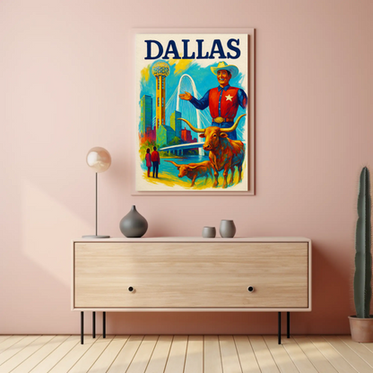 Dallas Texas Bridge Longhorn Cowboy Travel Poster
