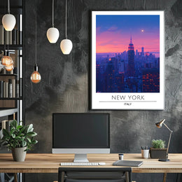 New York City Twilight Skyline Poster Vintage Wall Art