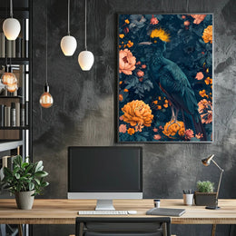 Vibrant Blue Bird with Floral Lush Animal Poster