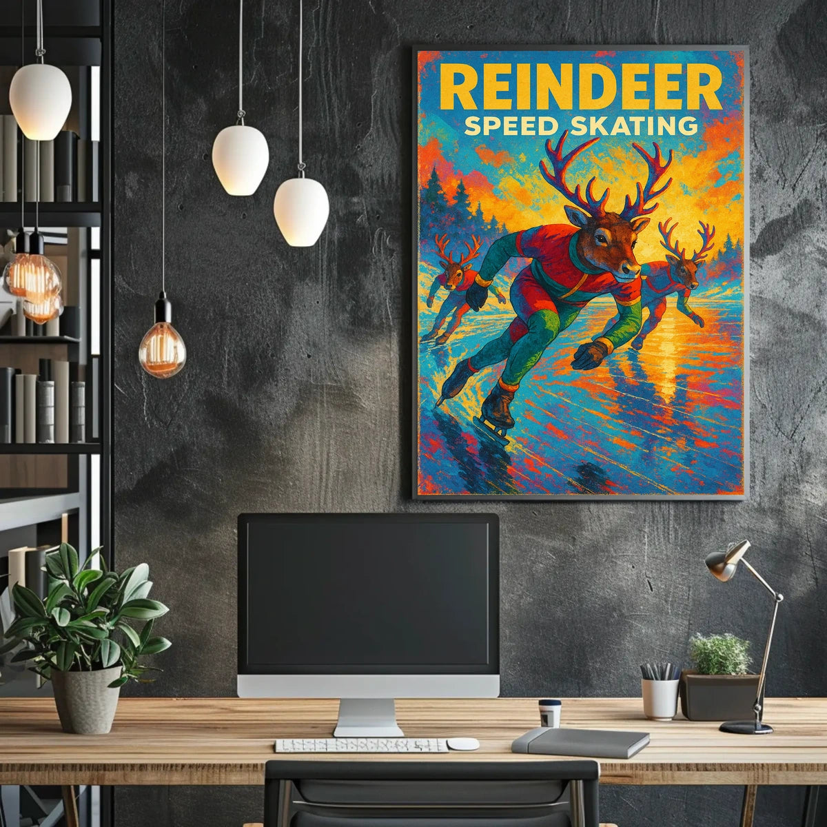 Speed Skating Reindeer Winter Wonderland Sports Poster
