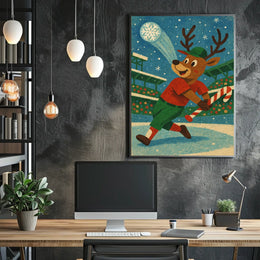 Whimsical Reindeer Baseball Holiday Poster Vintage Style