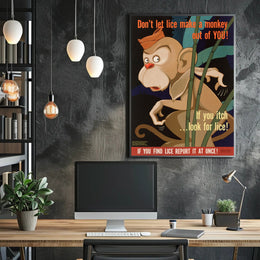 Vintage Cartoon Monkey Lice Prevention Educational Poster PosterGoat