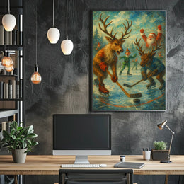 Festive Reindeer Ice Hockey in Winter Wonderland Sports Poster