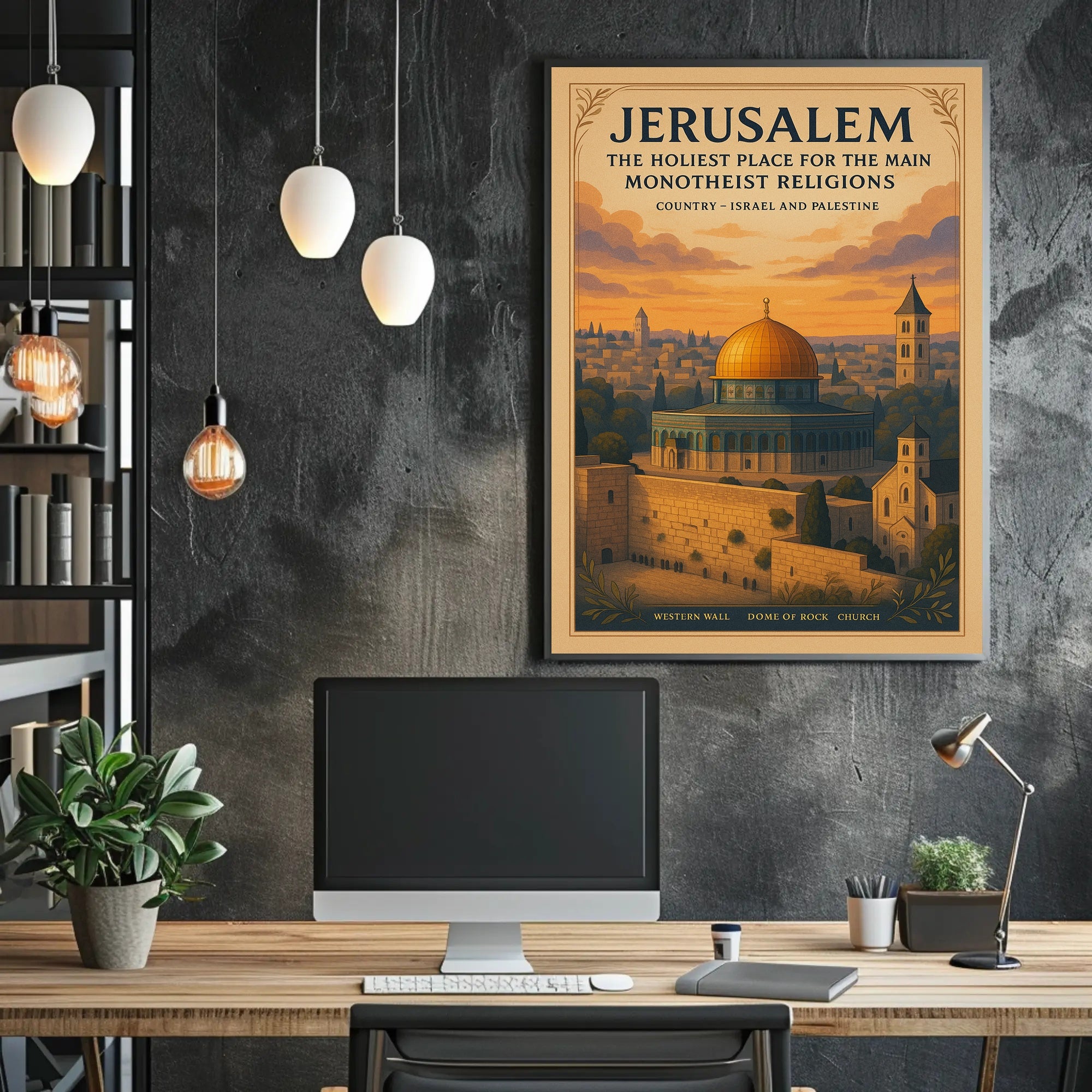 Jerusalem Dome Vintage Cityscape Sunset Cultural or Heritage Poster