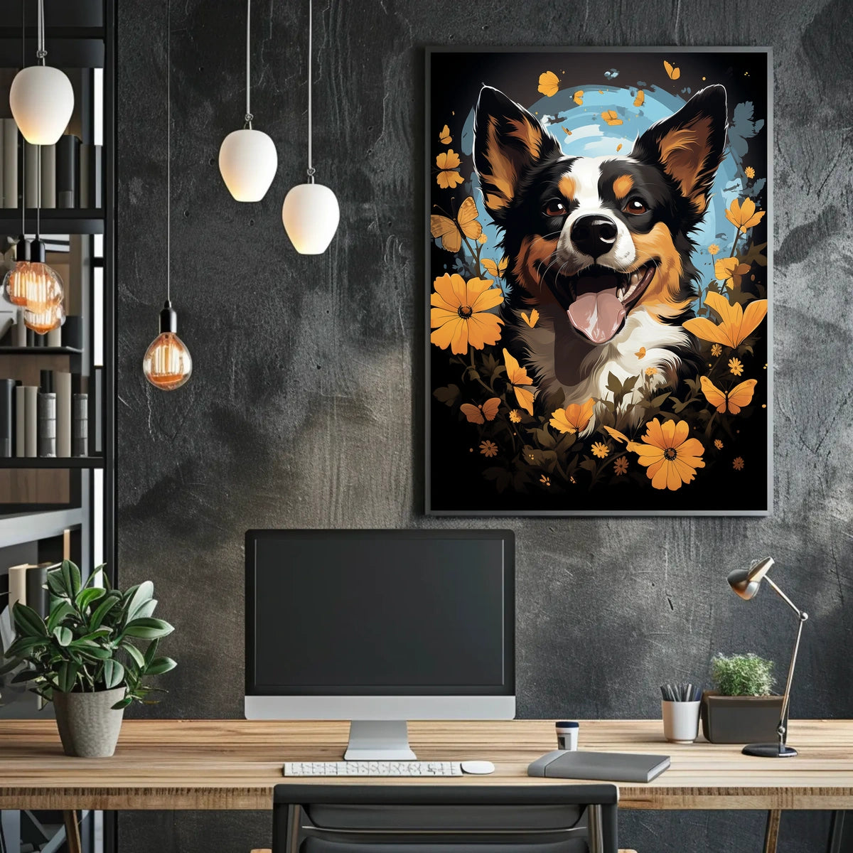 Joyful Dog and Flowers Nature Art Poster
