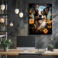 Joyful Dog and Flowers Nature Art Poster