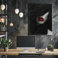 Enigmatic Woman Poster: Artistic Close-up with Bold Red Lips PosterGoat