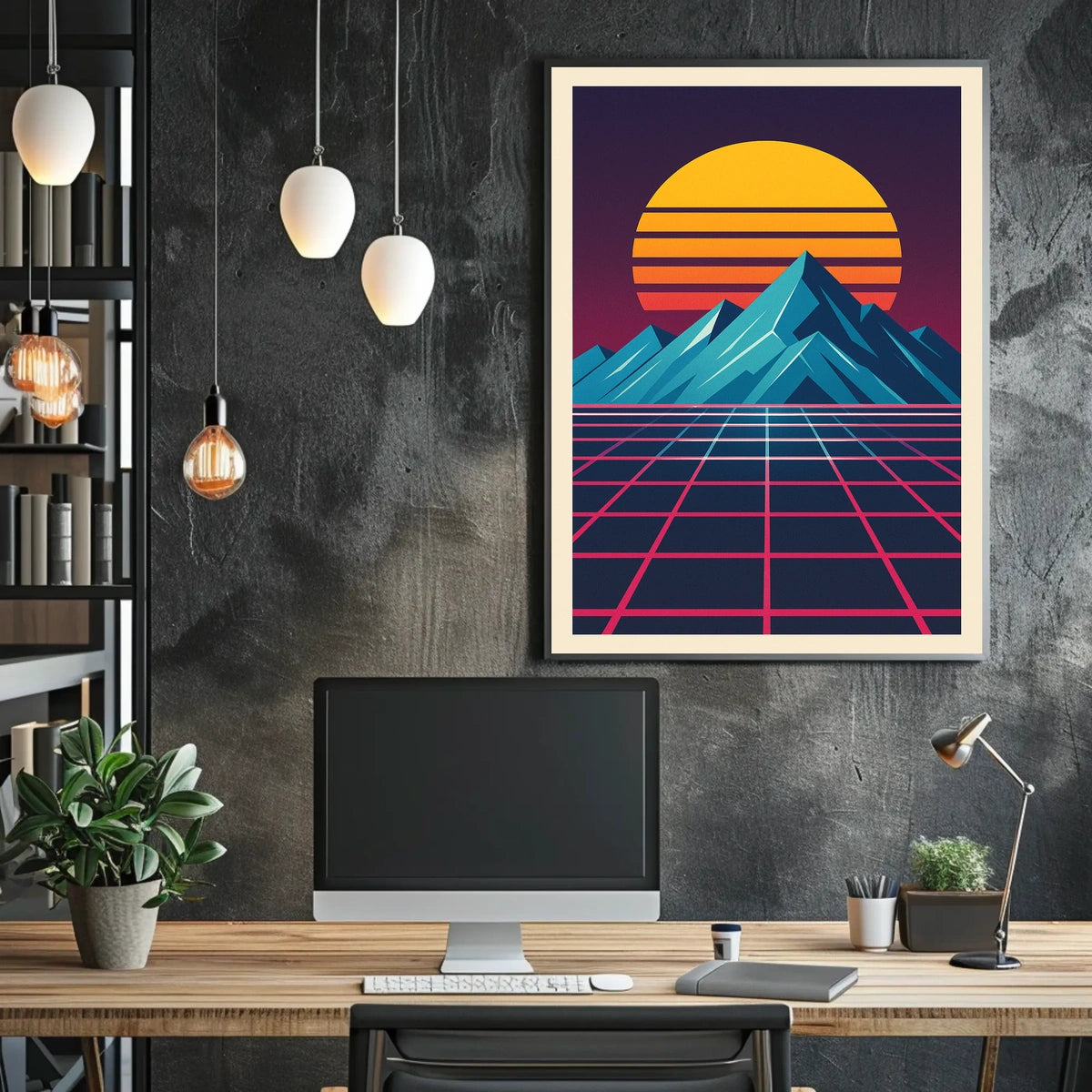 Retro-Futuristic Synthwave Mountain Landscape Futuristic Sci-Fi Poster