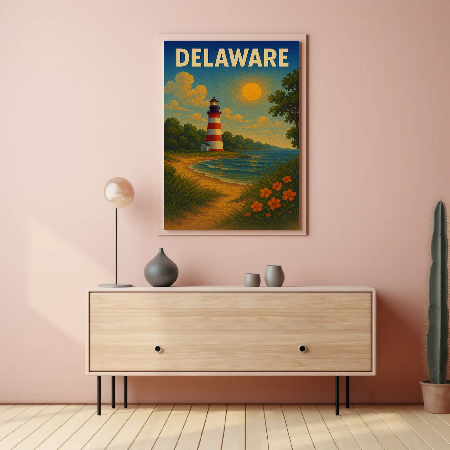 Delaware Striped Lighthouse Sunset Beach Travel Poster
