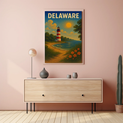 Delaware Striped Lighthouse Sunset Beach Travel Poster