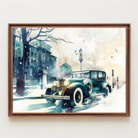 Vintage Winter Car Scene: Nostalgic Urban Elegance Poster