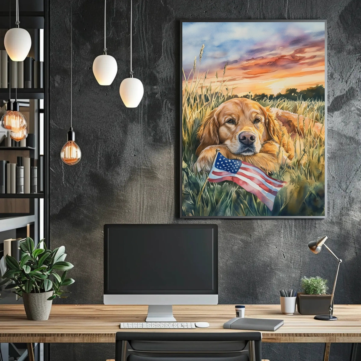 Golden Retriever Resting In Grassy Sunset Field Poster