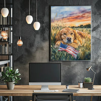 Golden Retriever Resting In Grassy Sunset Field Poster