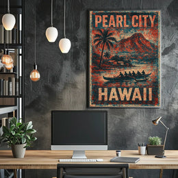 Pearl City Hawaii Nostalgic Cultural Heritage Travel Landscape Watercolor Vintage Retro Poster