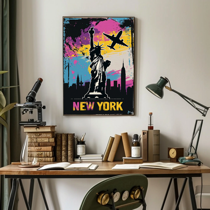 New York Skyline and Statue of Liberty Vintage Style Poster