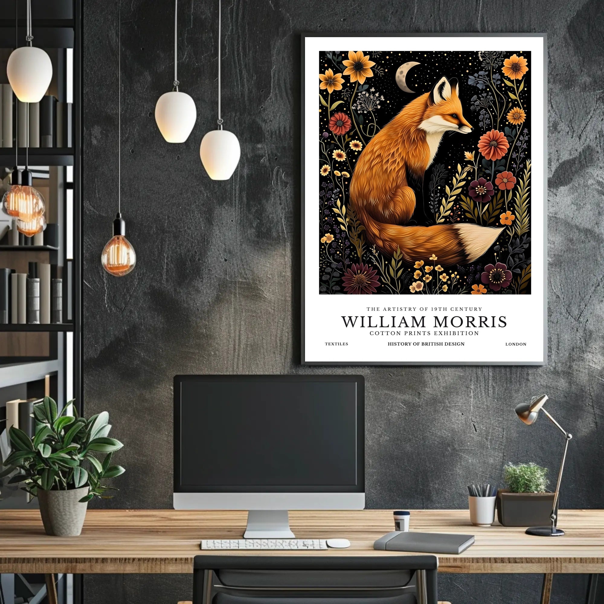 Fox and Floral Elegance Under Moonlit Night: Artistic Poster
