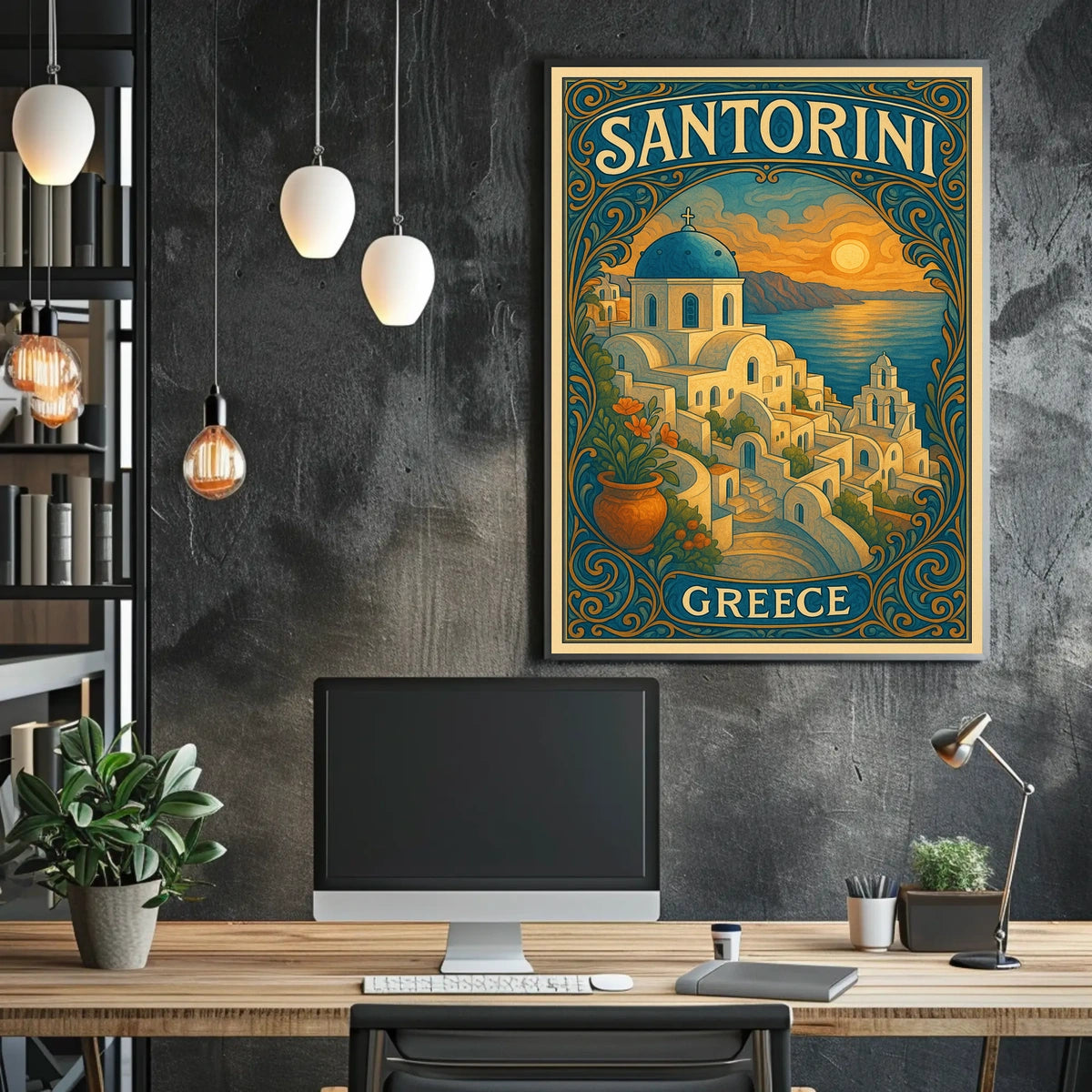 Santorini Sunset Vintage Travel Dreamer Poster
