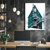 Charming Winter Cabin in Snowy Forest Scene