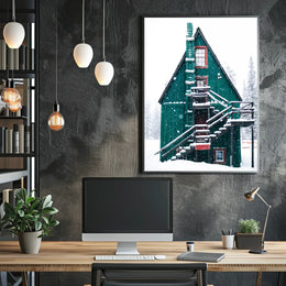 Charming Winter Cabin in Snowy Forest Scene