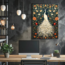 Exquisite White Peacock Among Floral Splendor - Artistic Poster