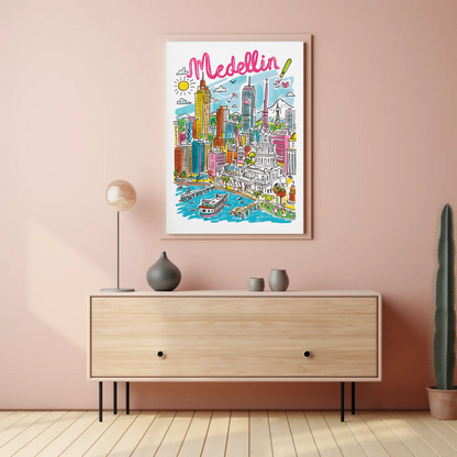 Medellin Colombia Colorful Cityscape and Mountains Travel Poster