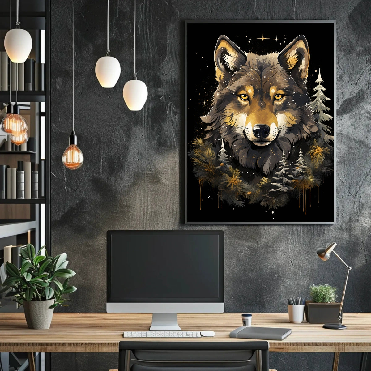 Stylized Wolf Against Dark Background Animal Poster