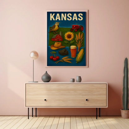 Kansas State Symbols Agriculture Sunflower Tractor Poster Poster