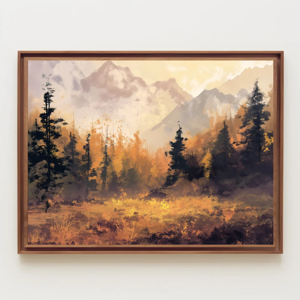 Autumn Tranquility: Impressionistic Forest and Mountains Poster