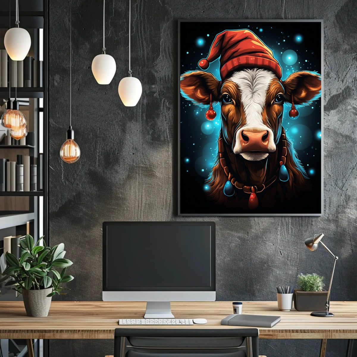 Festive Cow in Santa Hat Christmas Poster
