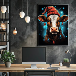 Festive Cow in Santa Hat Christmas Poster