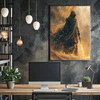 Mysterious Robed Figure with Glowing Sword Fantasy Poster PosterGoat
