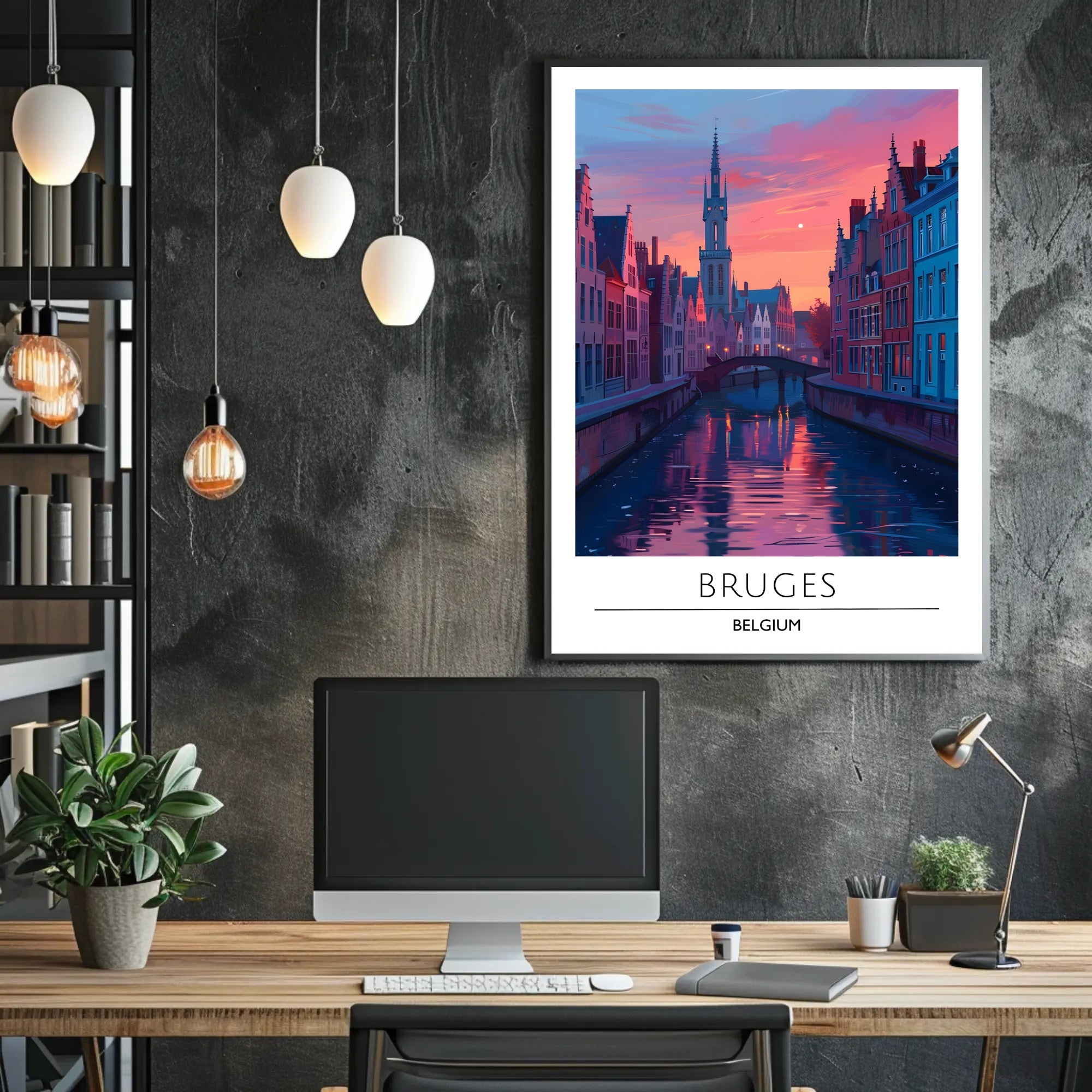 Scenic Bruges Canal Sunset Travel Poster